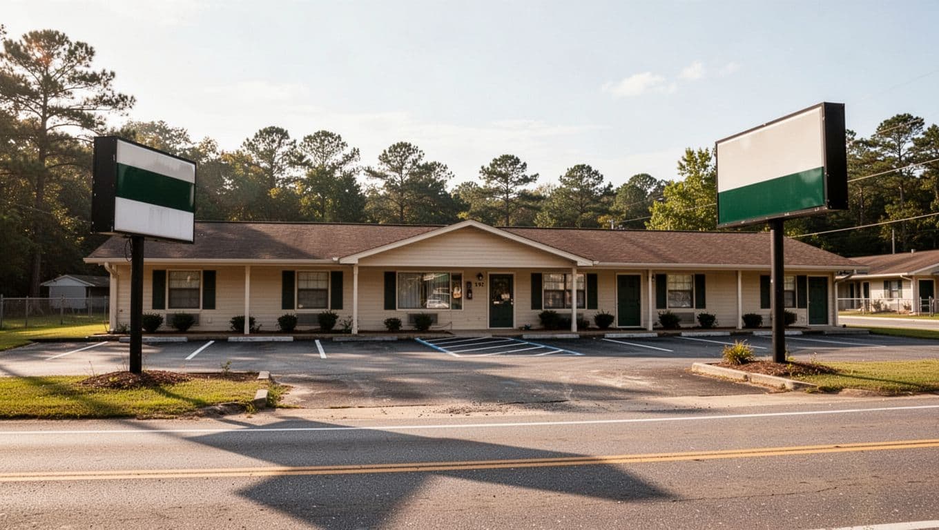 A low-rise roadside motel with a dark green accent band and empty parking spaces.