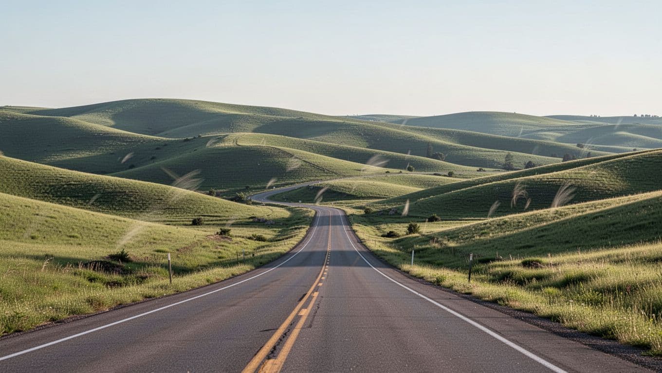 An empty highway winds through green hills beneath a bold color band.