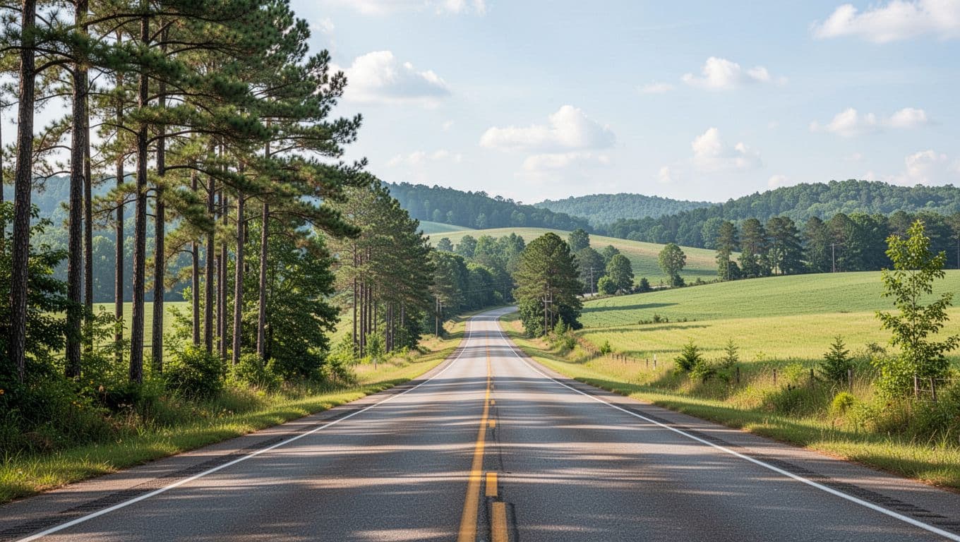 A scenic country highway winding through green hills and pine trees beneath a bright sky.