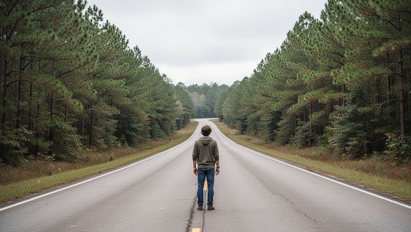 A winding highway through pine forest beneath an overcast sky, with one person visible.