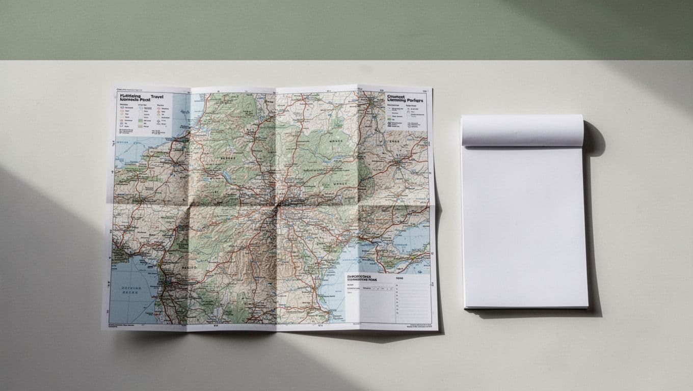 An overhead view of a map and notepad on a minimal desk with a green banner.
