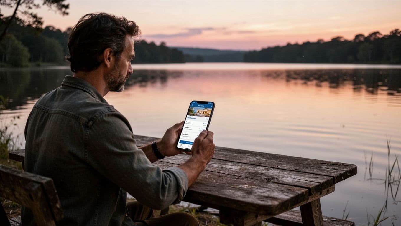 A person uses their phone at a lakeside table to search for hotels during dusk.