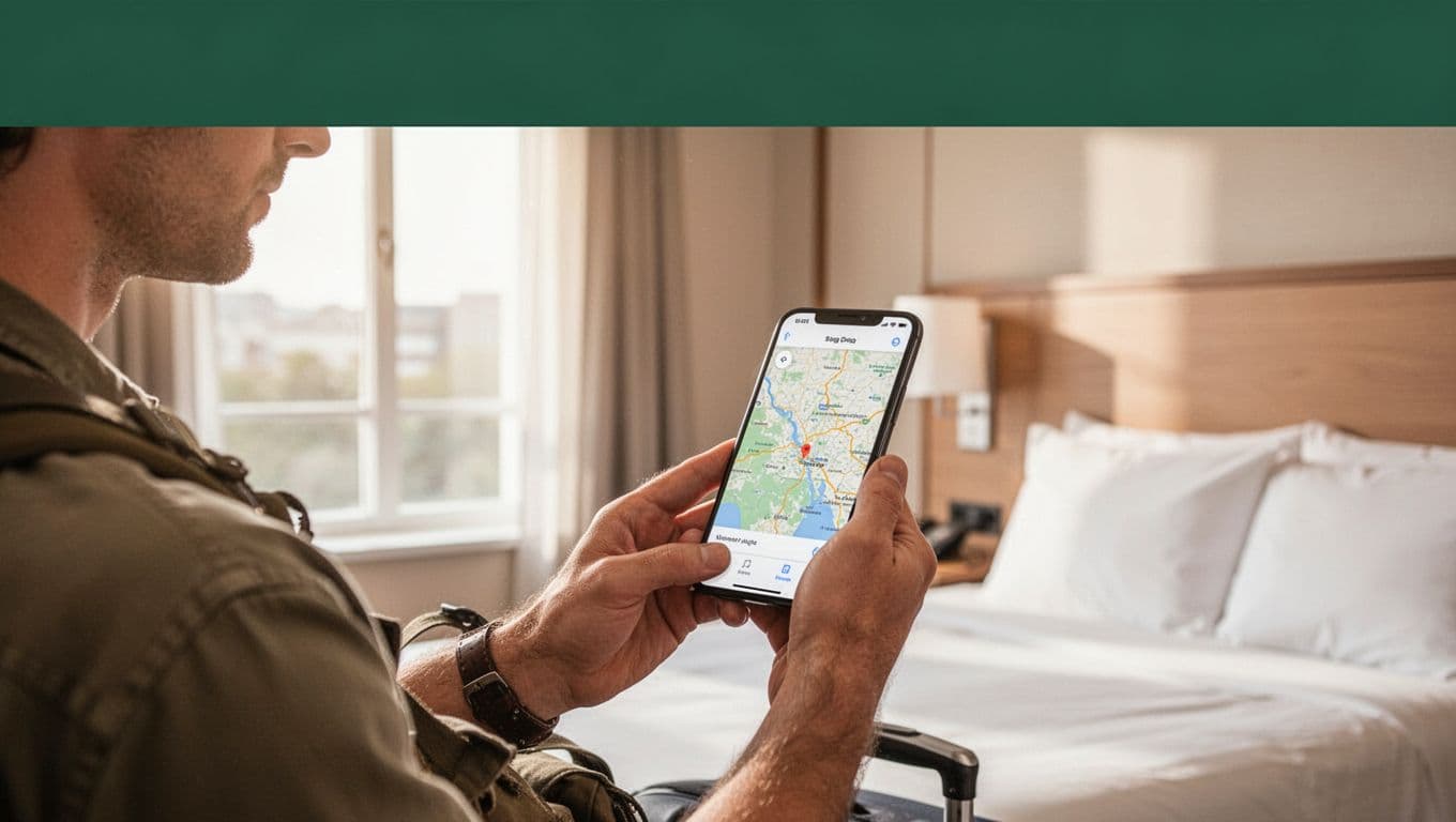 A focused traveler sits in a sunlit hotel room while holding a smartphone to inspect a digital map. A deep green banner at the top displays text regarding local lodging options.