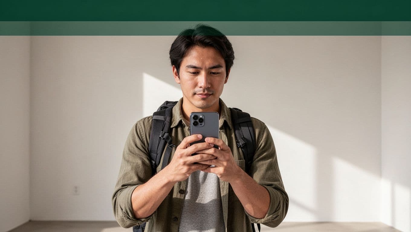 A person uses a smartphone to find lodging under a green header labeled Lodging Solutions.
