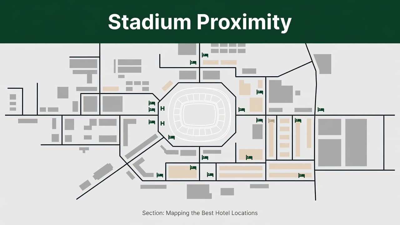 A clean, minimalist overhead diagram shows the university campus layout. A bold green banner sits at the top, while geometric pathways and the prominent stadium icon highlight prime nearby lodging areas.