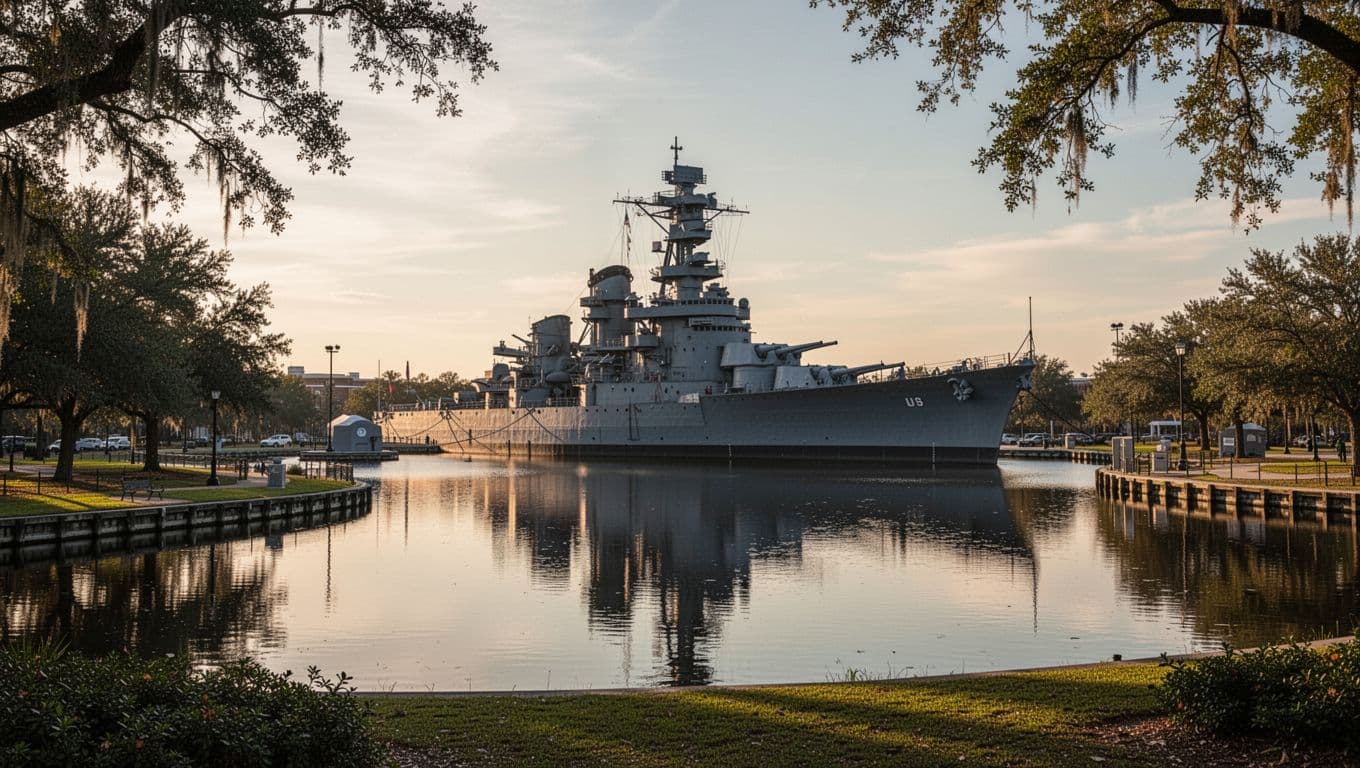 The massive gray hull of the USS Alabama rests peacefully against a calm waterfront pier. A prominent green banner across the upper frame features bold white text highlighting the historic landmark.