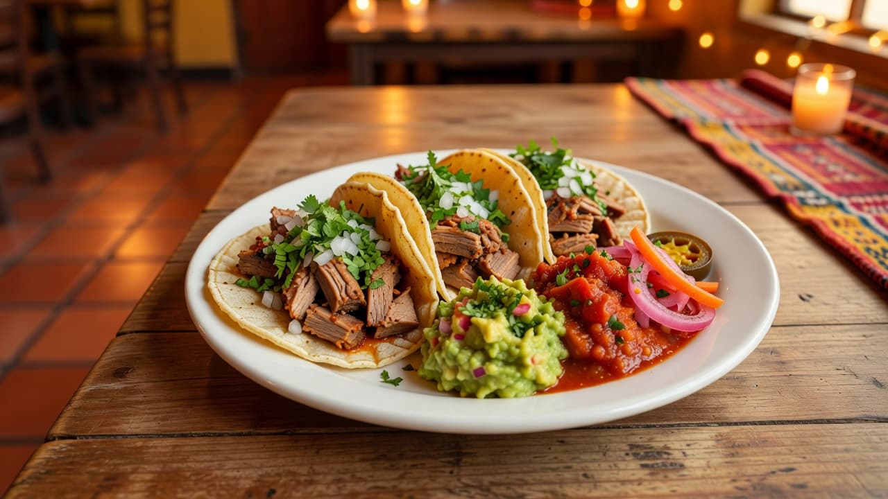 A close-up of a colorful plate featuring seasoned tacos topped with fresh cilantro and lime wedges. The dish rests on a rustic wooden restaurant table illuminated by soft, warm ambient light.