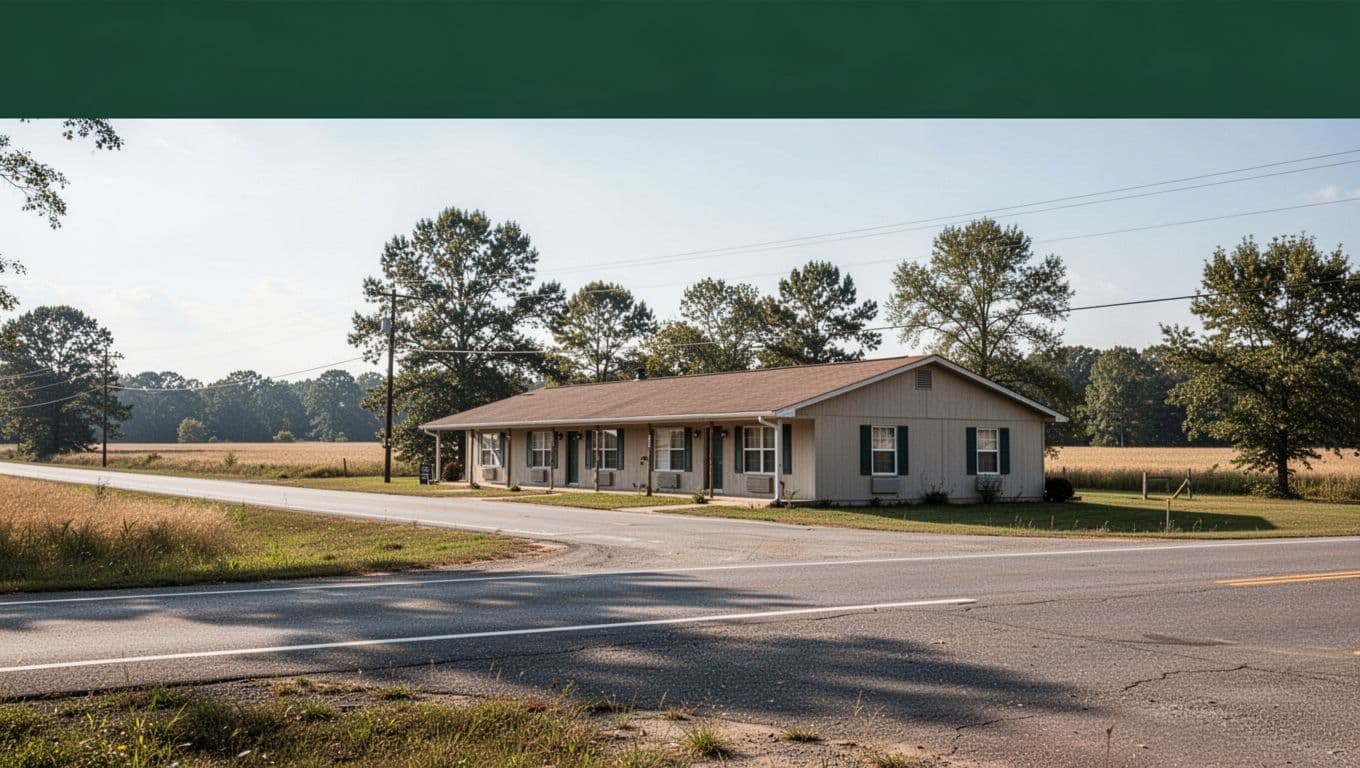 A rural Alabama motel building sits beside a highway beneath a headline banner.