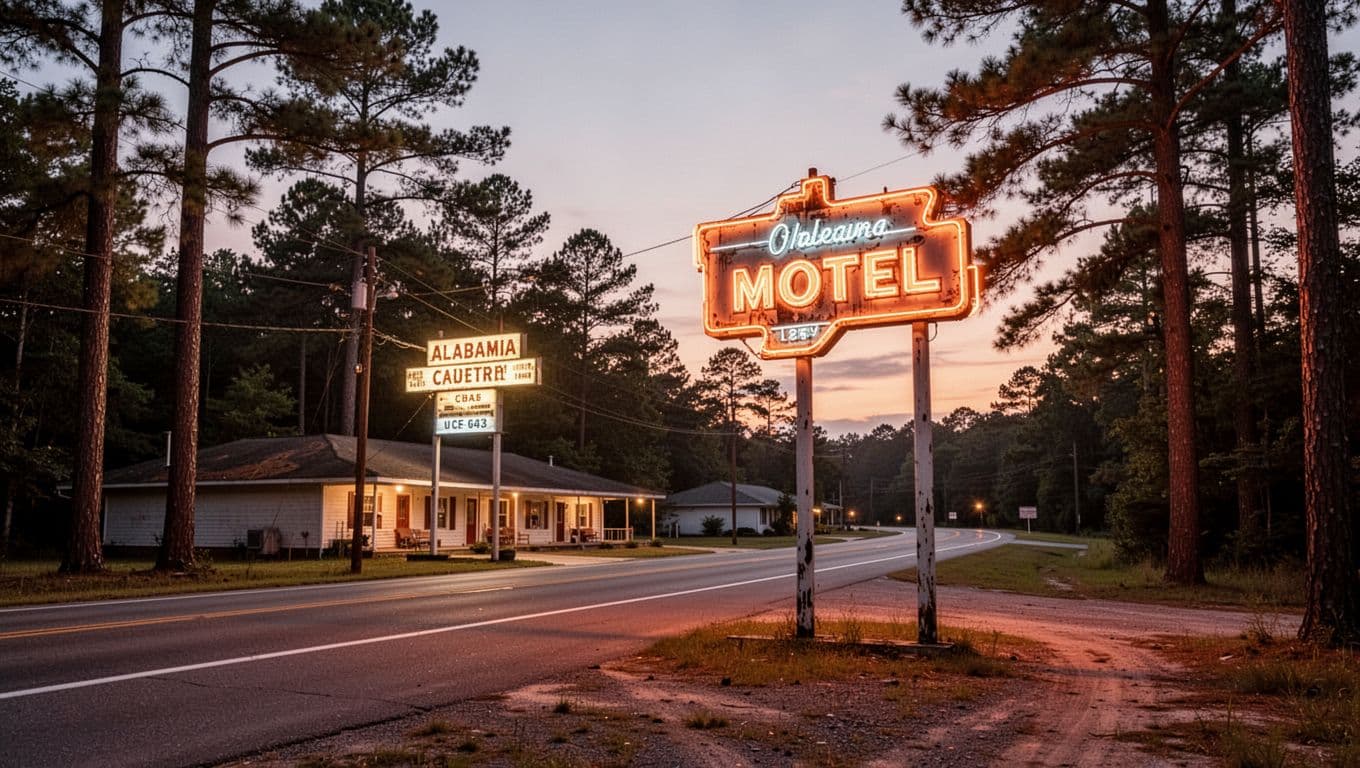 A glowing vintage motel sign stands beside a quiet rural highway at dusk.
