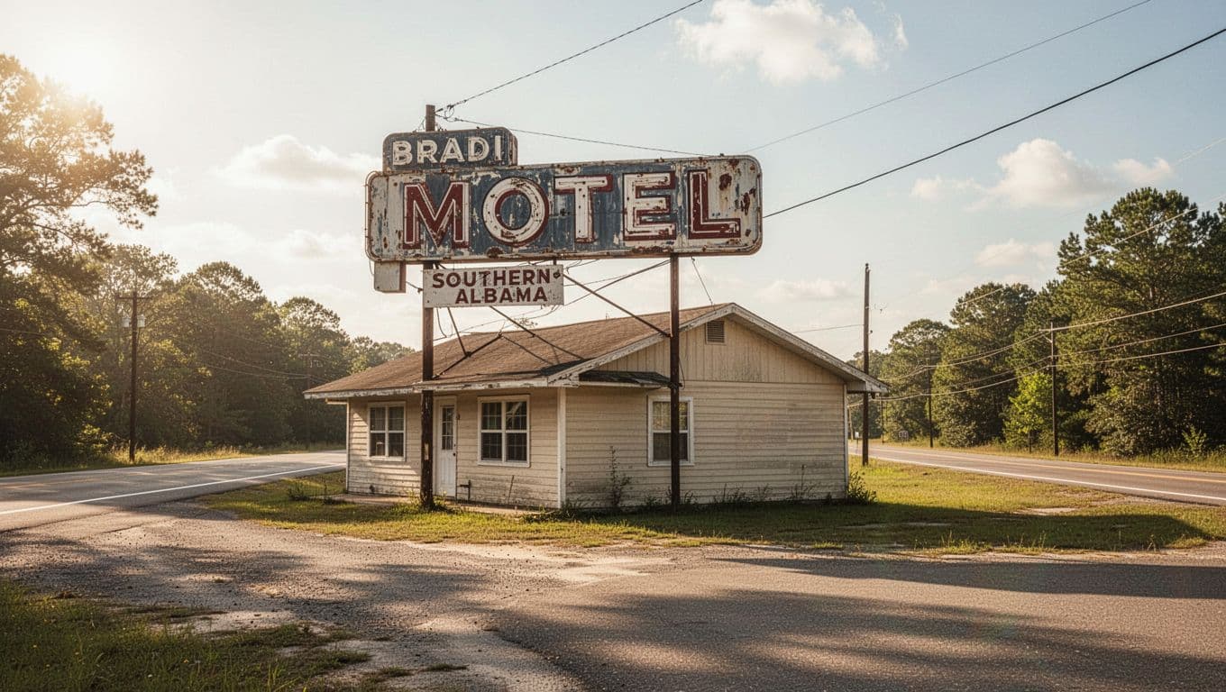 A vintage roadside motel sign along a quiet Alabama highway on a sunny afternoon.