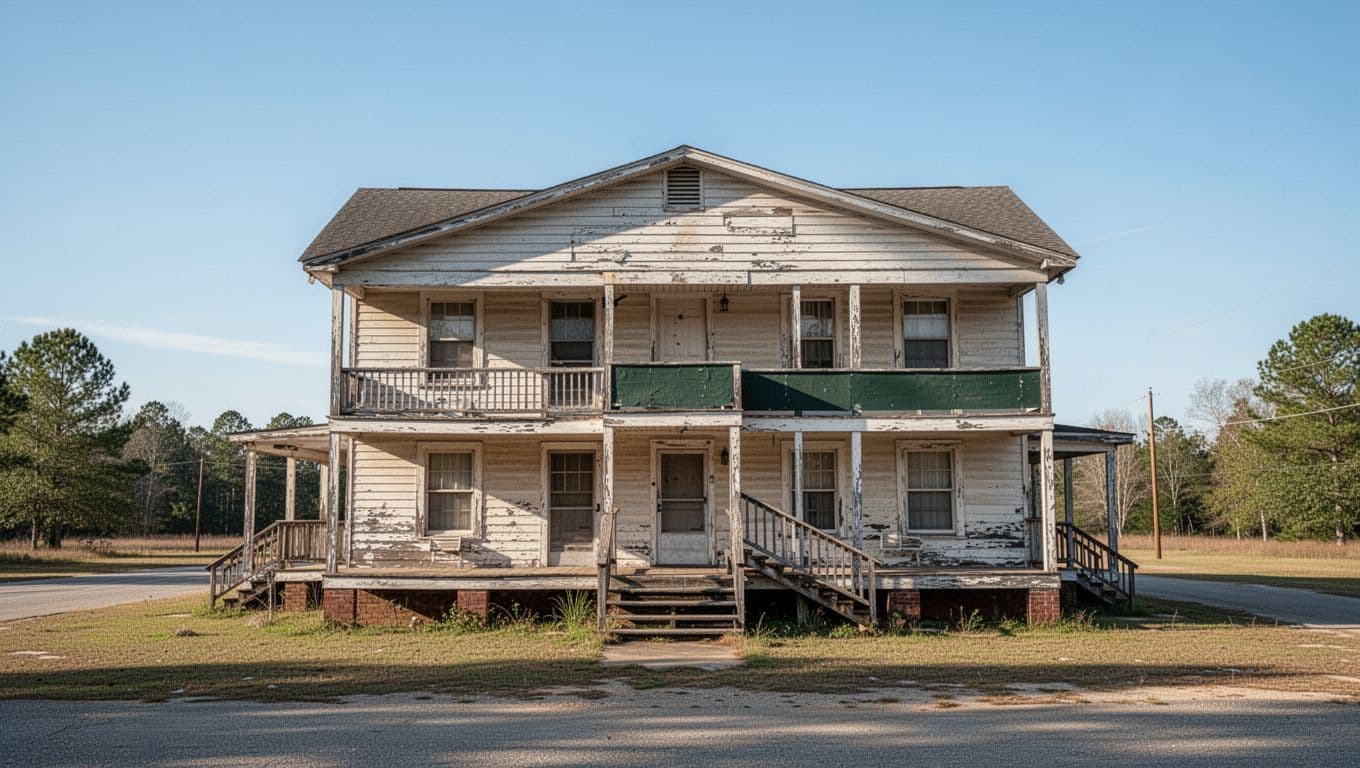 A two-story vintage motel with exterior stairs under a clear blue sky in rural Alabama.