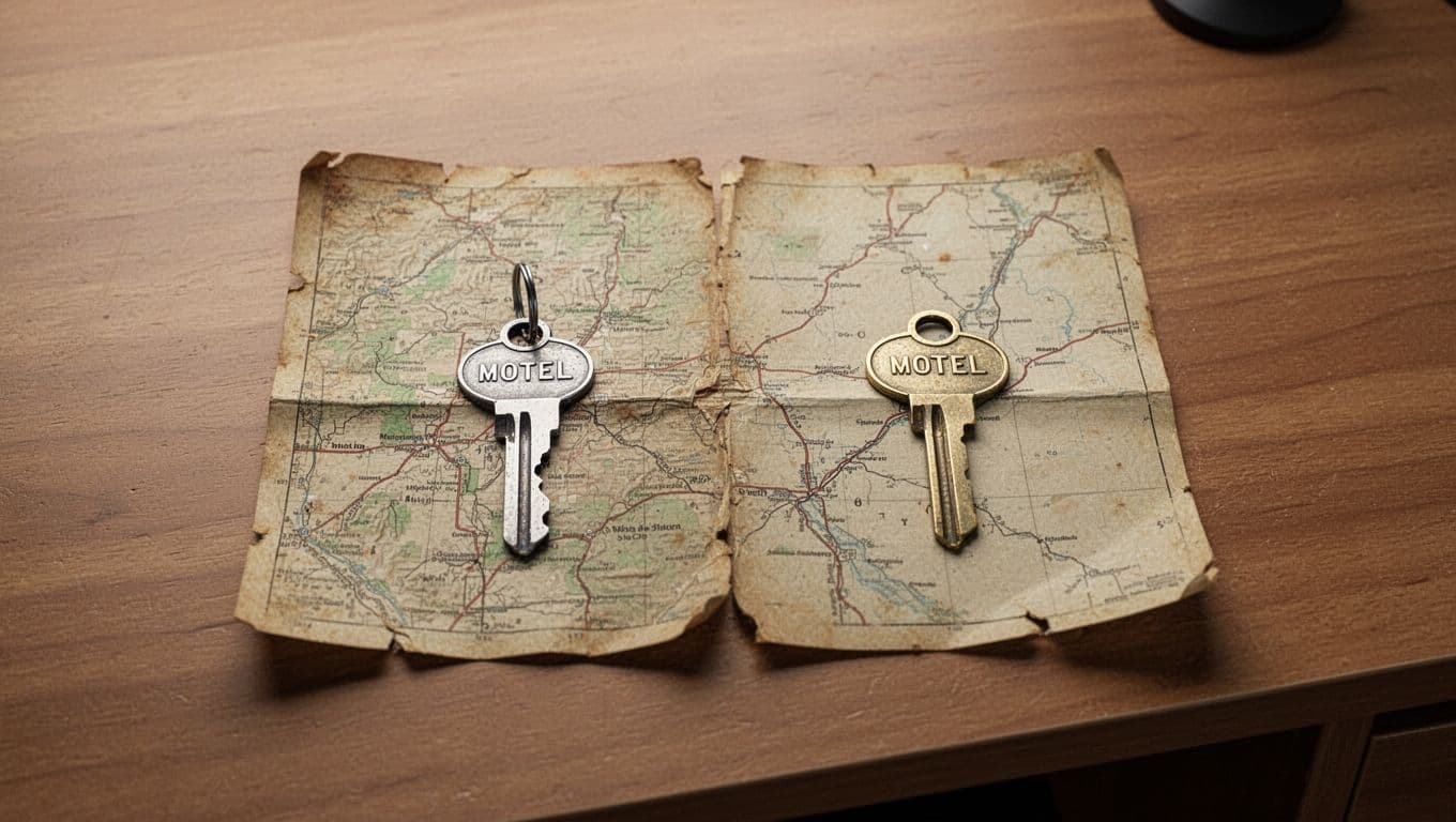 An old roadmap and a motel key resting on a wooden desk.