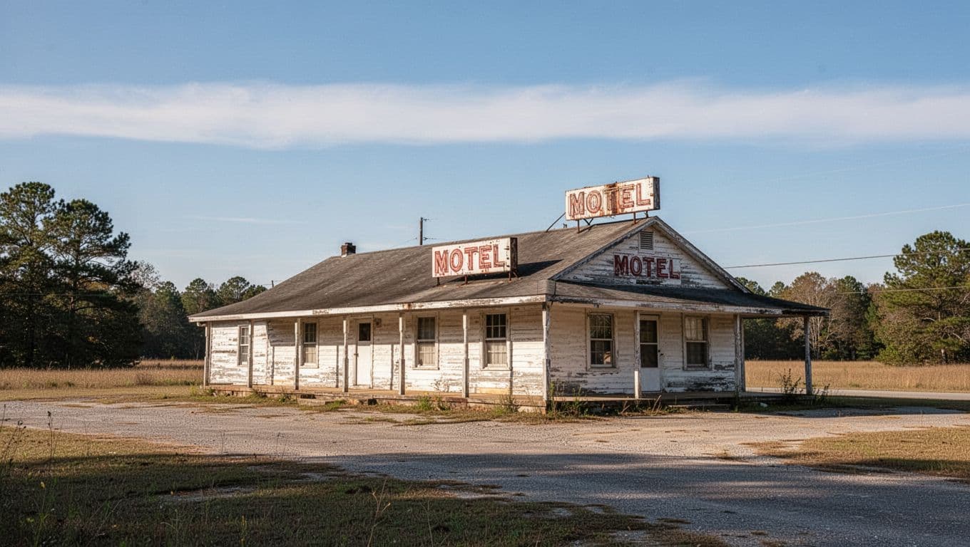 A vintage single-story roadside motel under a bright blue sky.