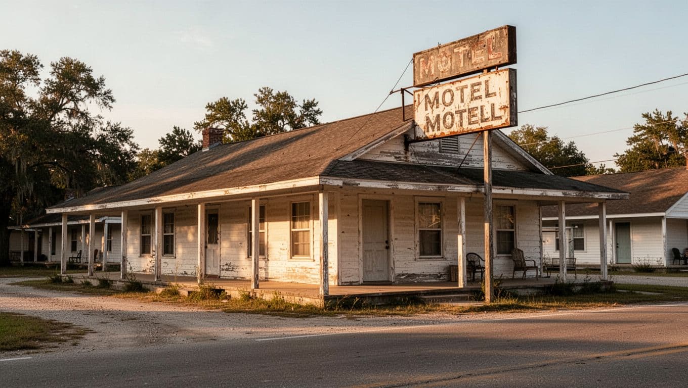 A vintage single-story motel exterior in a quiet southern town during late afternoon.