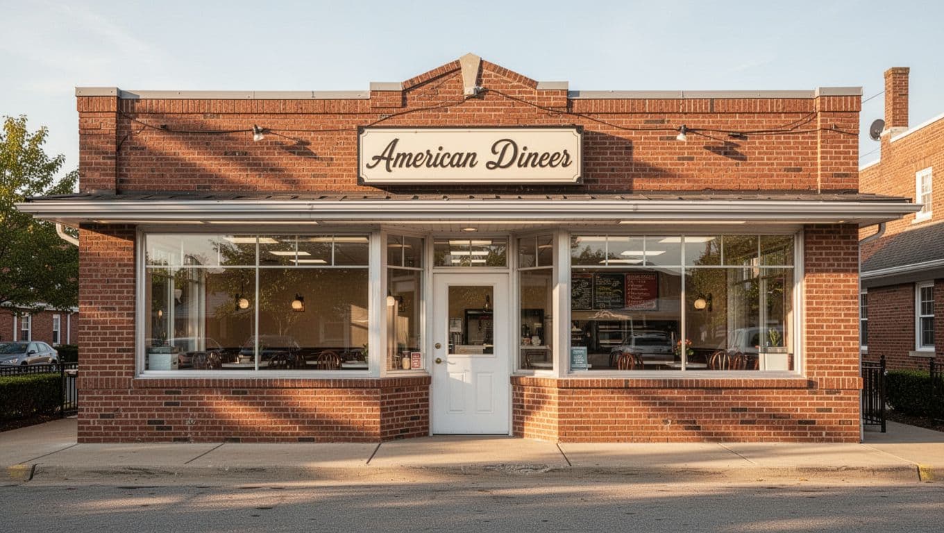 A friendly red brick diner building with large windows and a sign that reads Local Eats.
