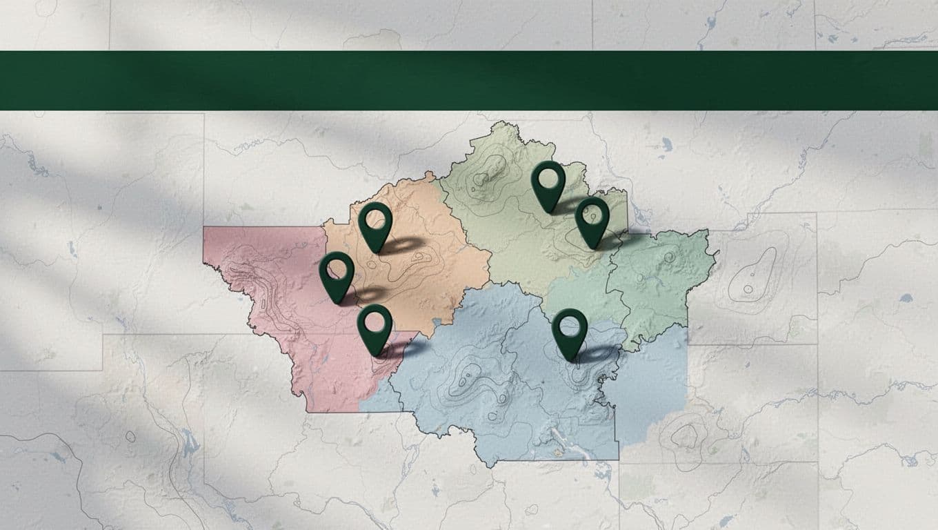 A stylized county map graphic with location pins and a dark green header banner.