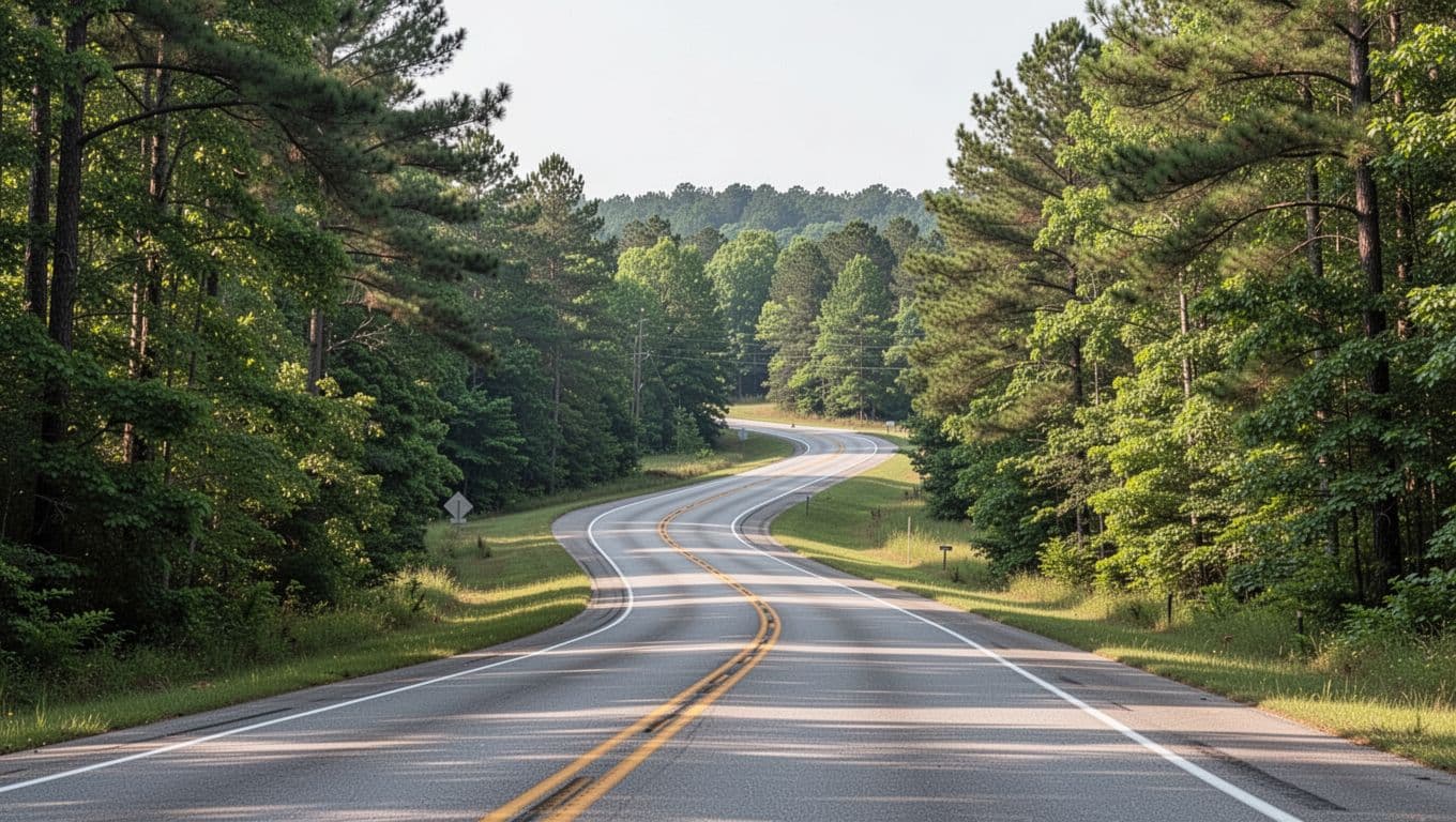 An empty asphalt road winding through lush green woods on a sunny day.