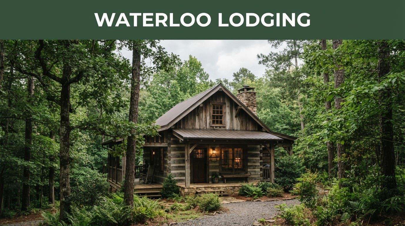 A rustic wooden cabin surrounded by green trees under an overcast sky.