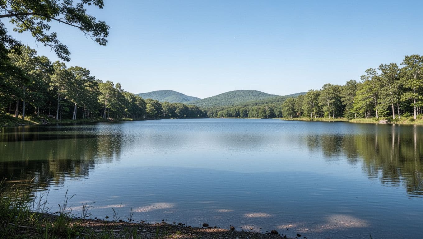 Calm blue water and trees along the shoreline of Weiss Lake.