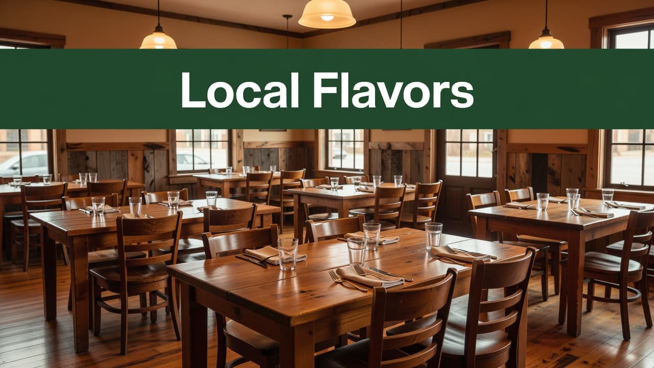 Empty restaurant interior featuring wooden furniture and warm lighting under a green wall banner.