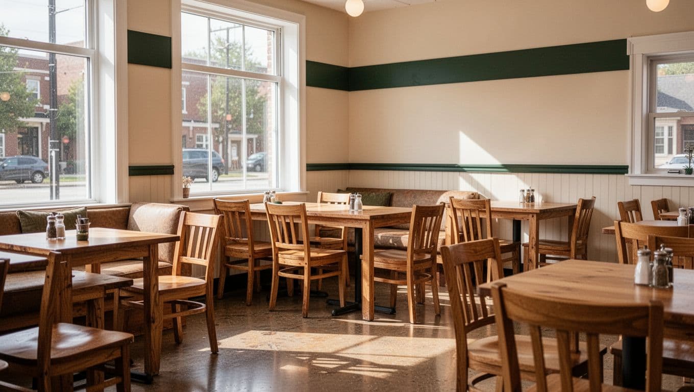 Wooden restaurant tables and chairs sit in a bright, cozy room with green wall accents.