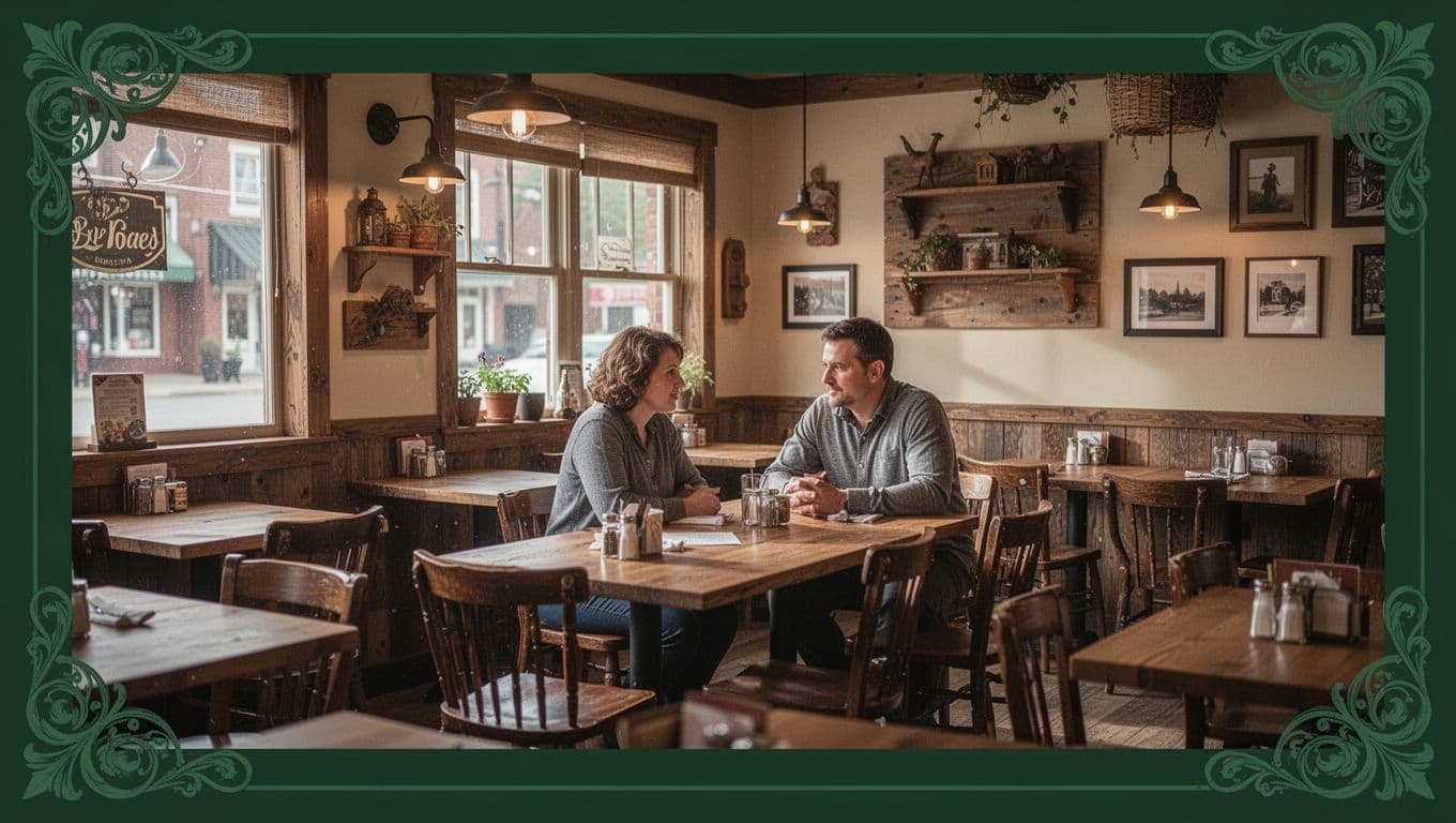 Wooden dining tables are arranged neatly inside a rustic restaurant featuring soft ambient light. Patrons sit quietly while a dark green header at the top displays the text Local Flavors.