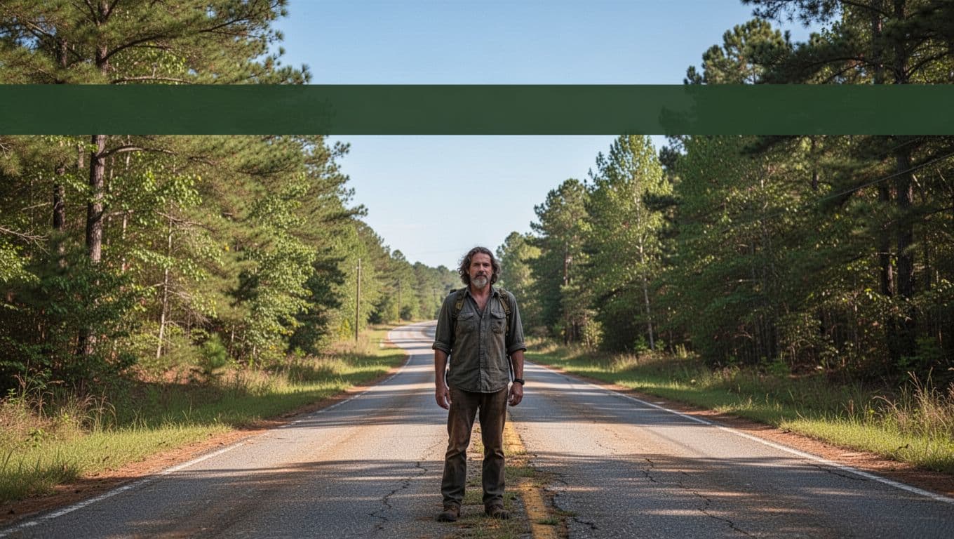 A lone person walking along a quiet country highway in Alabama.