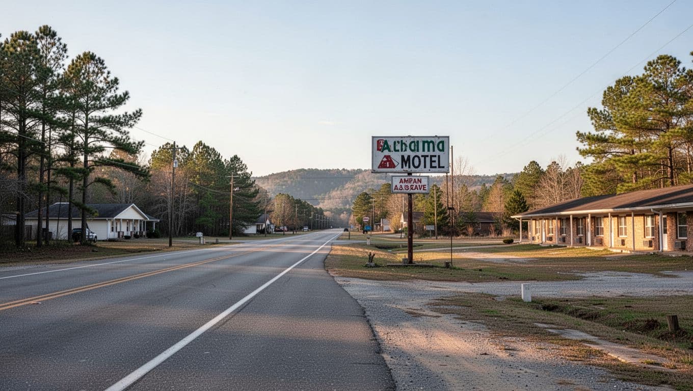 An empty rural road in Alabama with a distant motel sign under a dark green header.