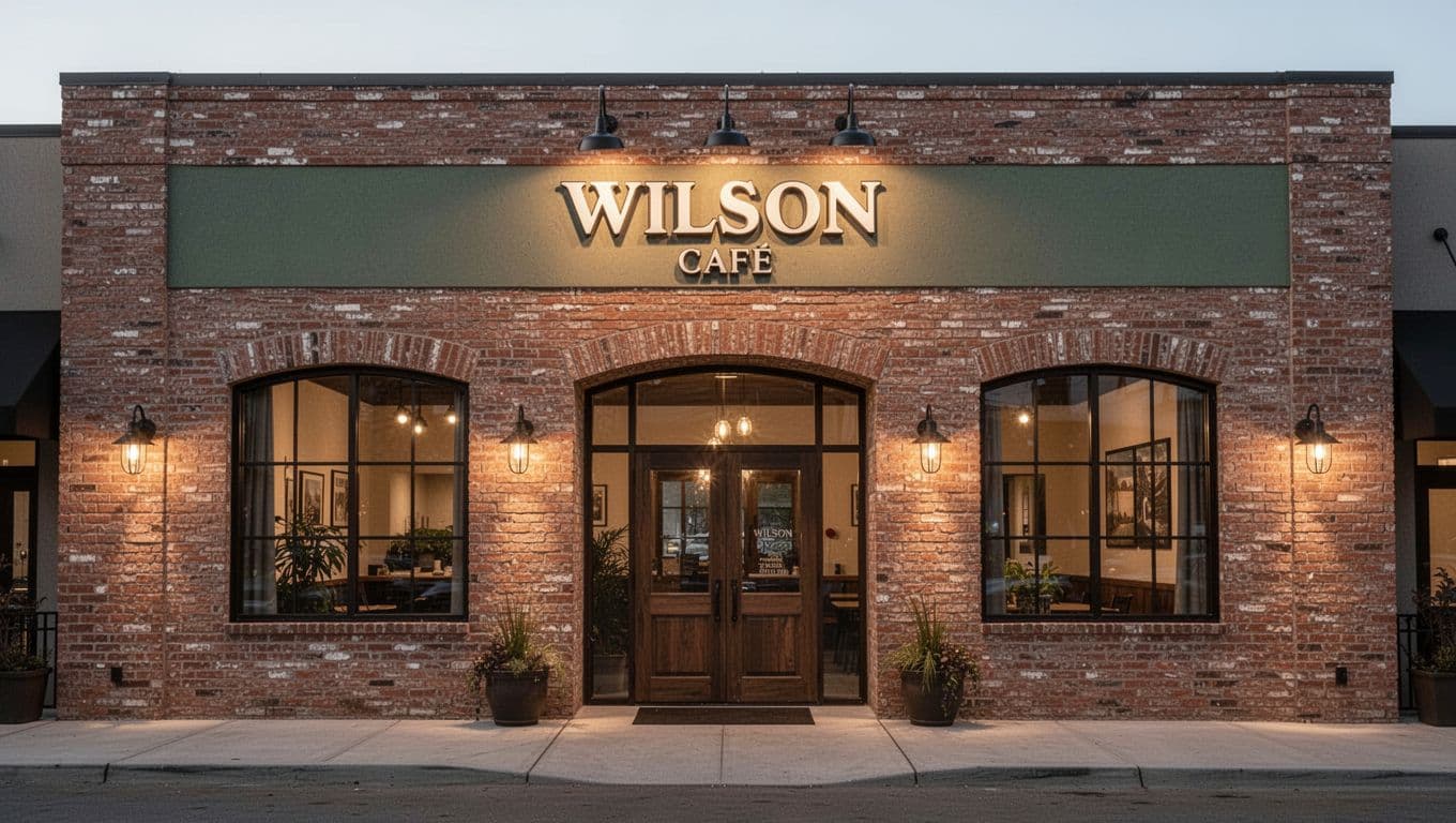 The Wilson Cafe storefront with a brick exterior and a green banner reading Authentic Delta Flavors.