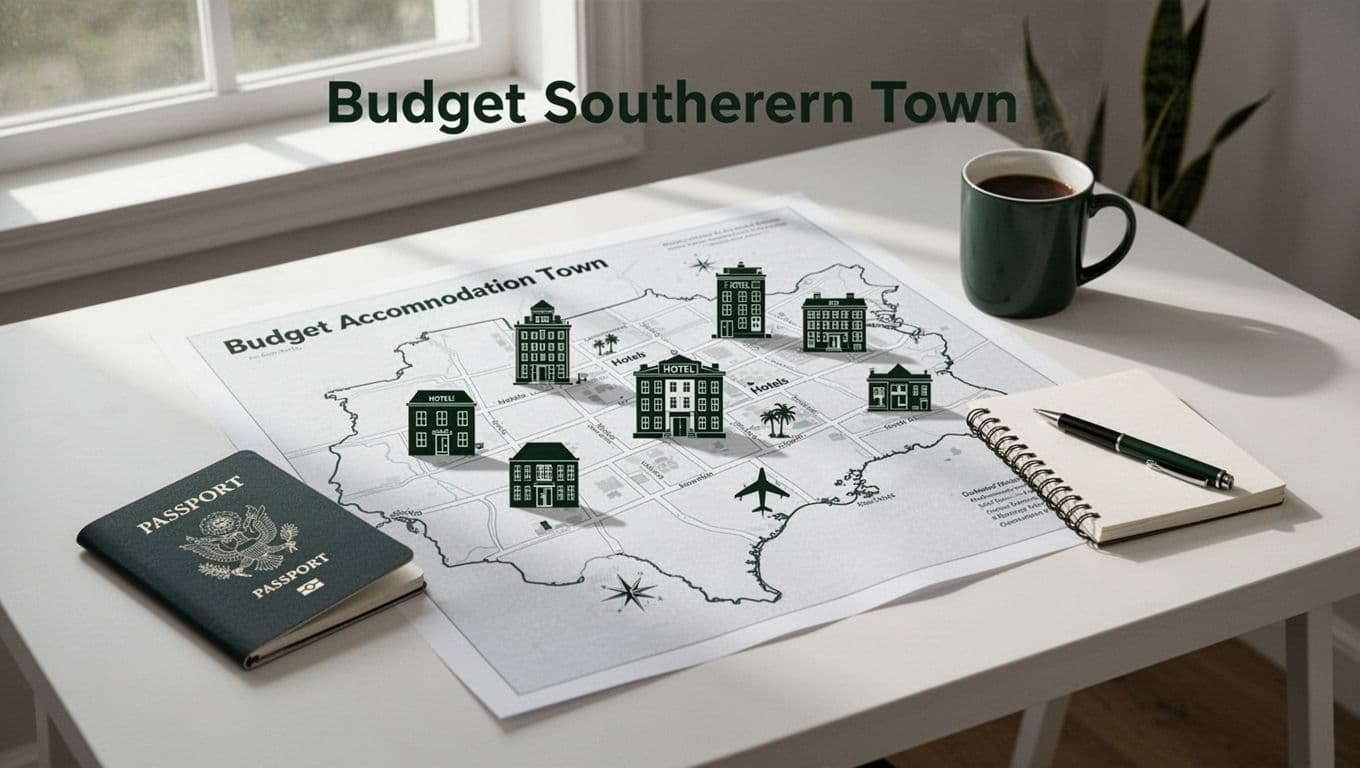 A flat vector illustration of travel planning props and a map on a desk.