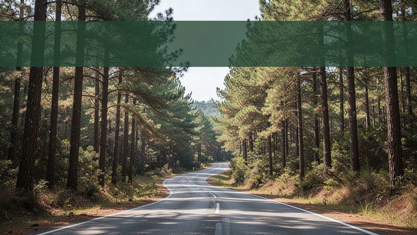 A winding asphalt road curving through tall pine trees under natural daylight.