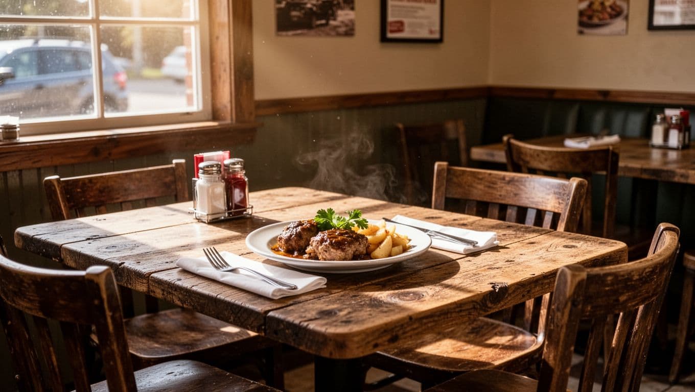 A rustic diner table with a plate of fresh food near a sunlit window.