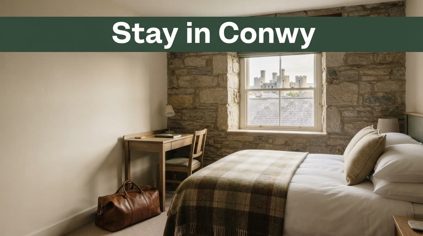 Neatly made bed, compact desk, travel bag, and Conwy Castle rooftops in a warm guesthouse room.