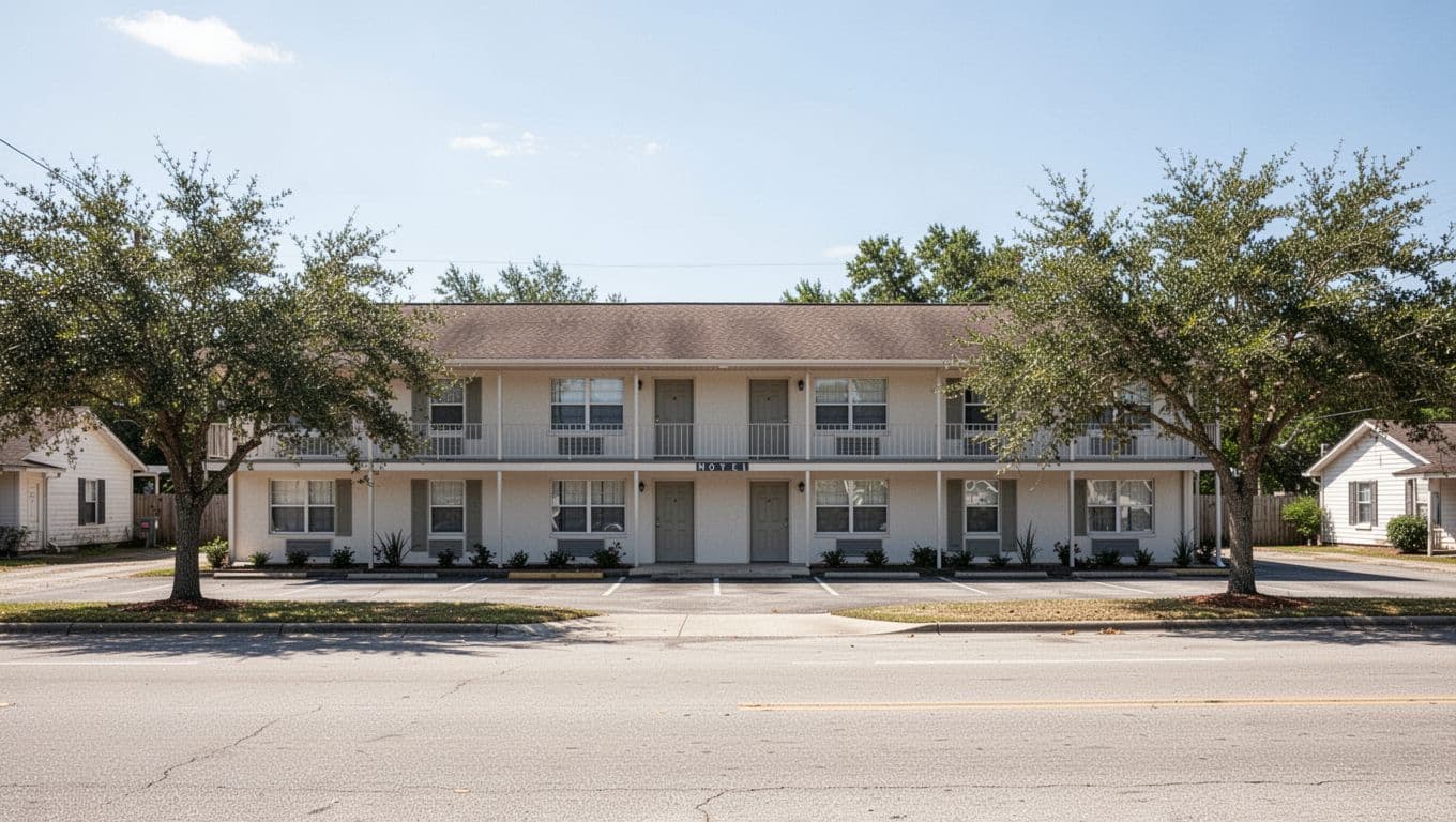 A modest motel building beside a quiet road under bright daylight.
