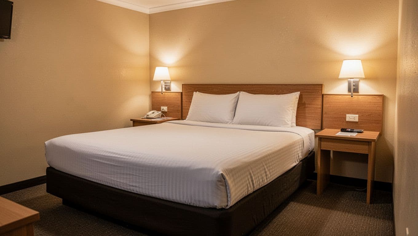A made bed and side table in a warmly lit motel room.