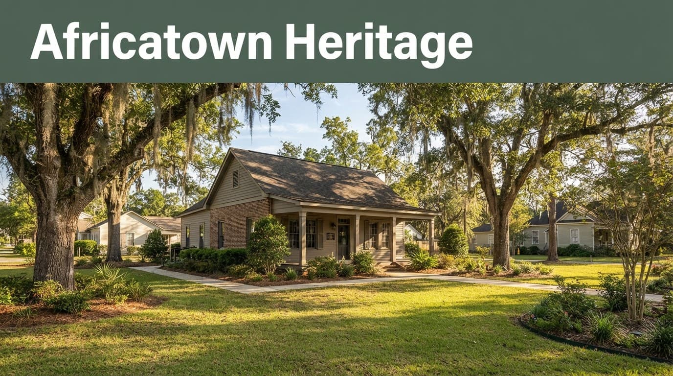 The Africatown Heritage House sits among landscaped grounds and mature live oaks.