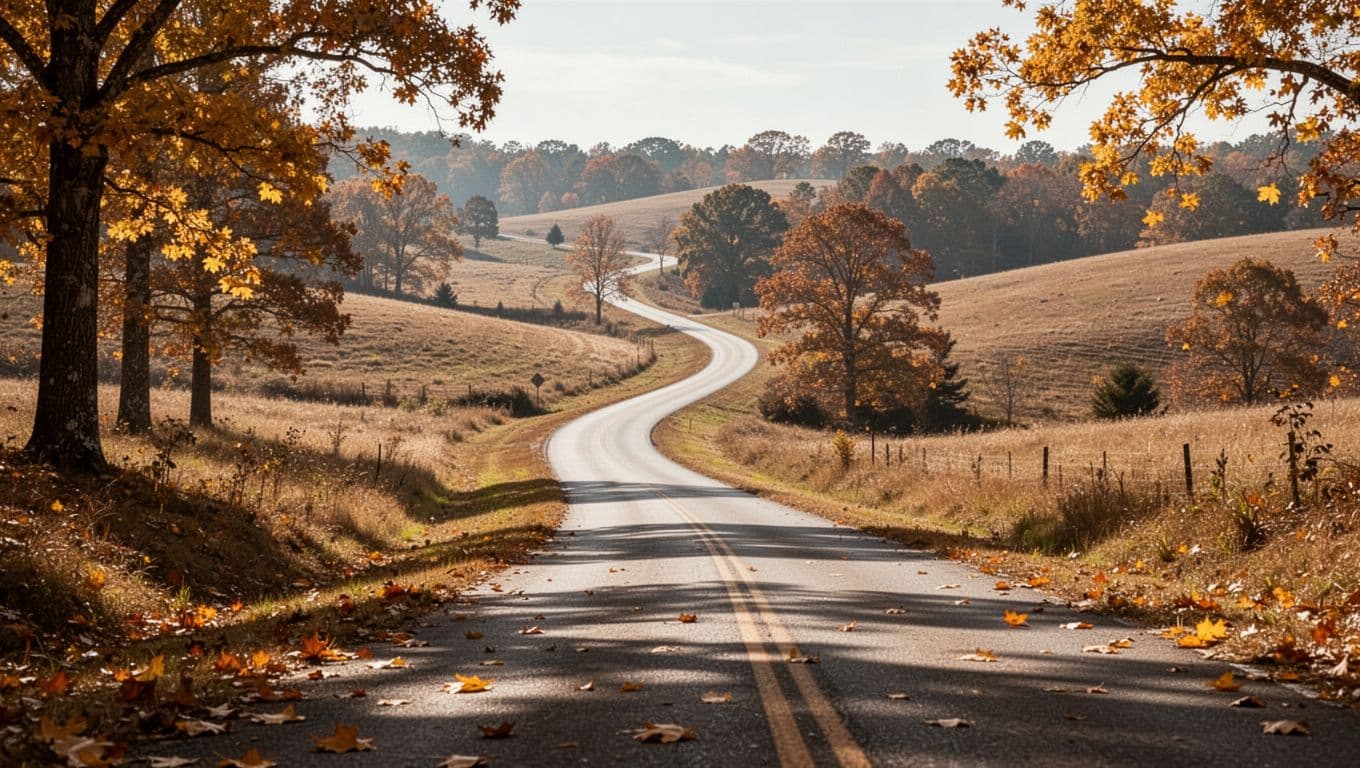 A winding road through autumn hills beneath a dark-green Travel Tips banner.