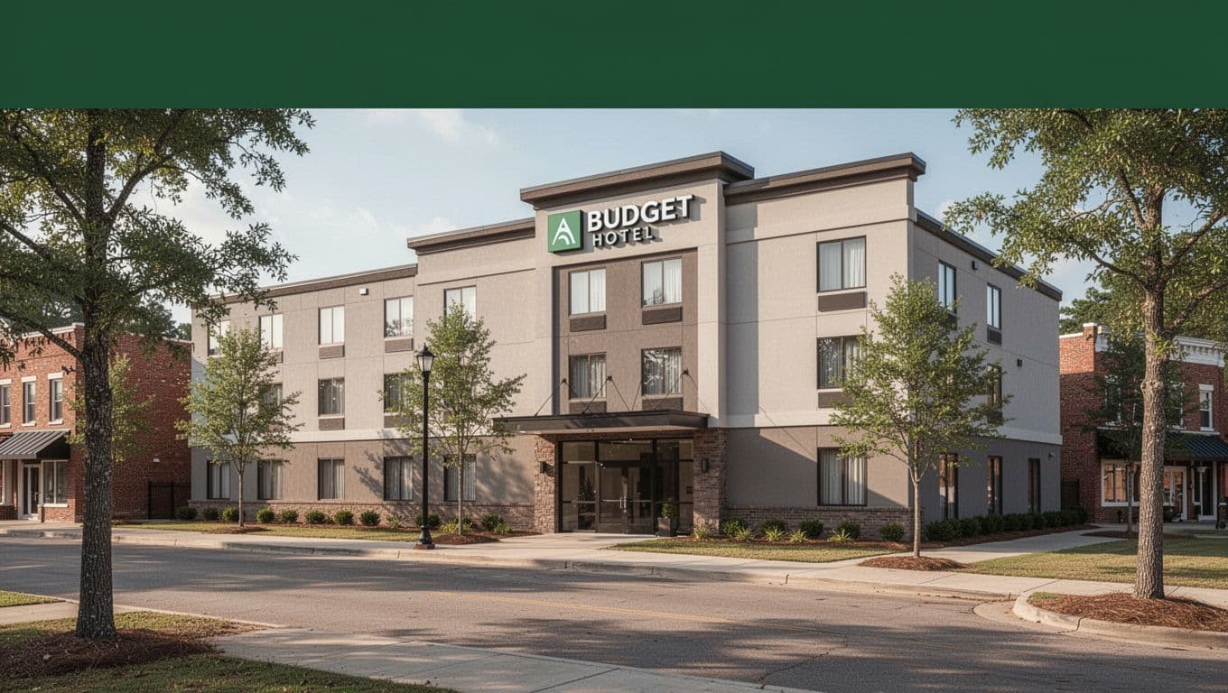 A modern budget hotel with a green Value Stay banner near the roof.