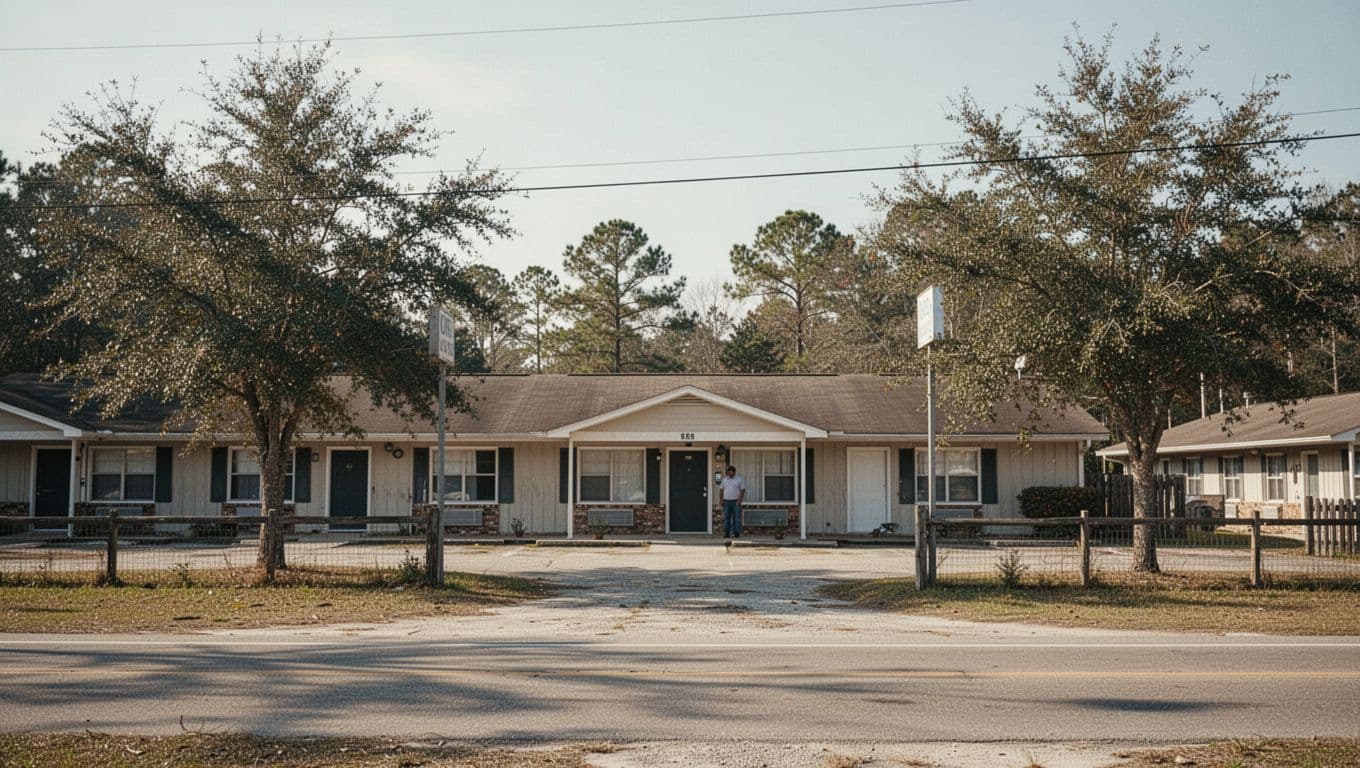 Budget motel exterior with a green Stay Smart band and one person near the entrance.