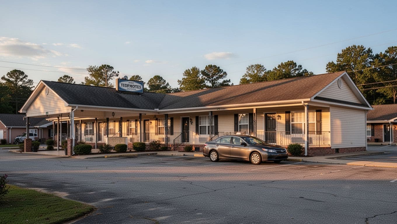 A warmly lit rural motel with one parked sedan beneath a dark-green headline band.