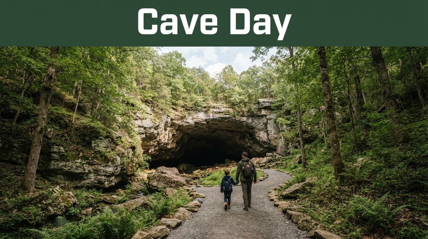 An adult and child walk toward a limestone cave entrance on a wooded park trail.