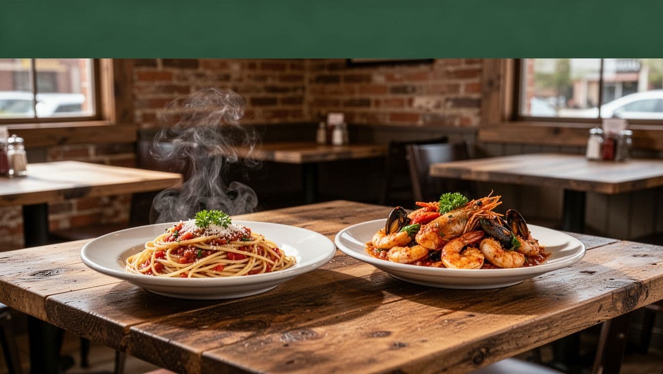 Two plates of pasta and Cajun-style seafood on a warm wooden restaurant table.