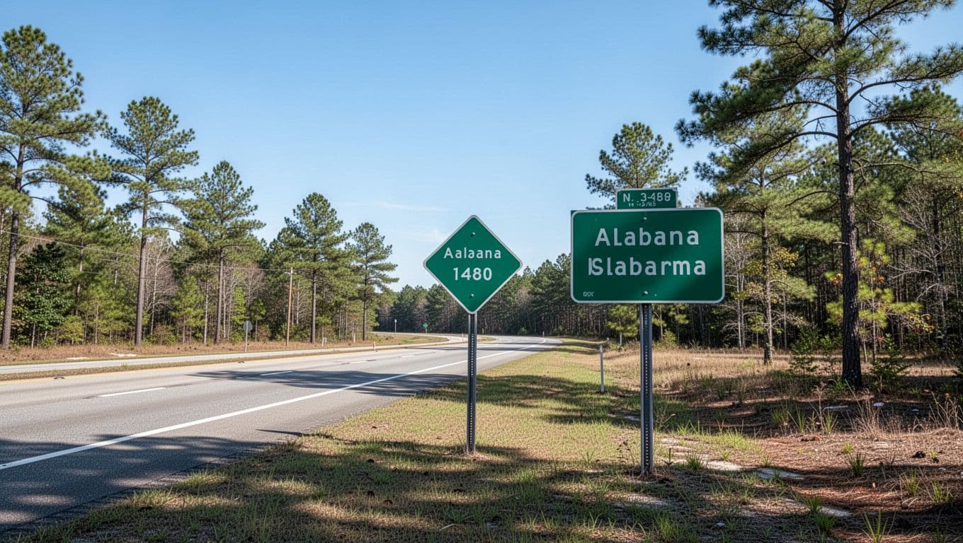 An interstate sign beside a rural Alabama road beneath a clear blue sky.