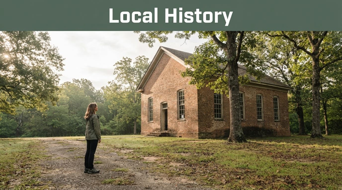 One person views an old brick schoolhouse beneath mature trees.