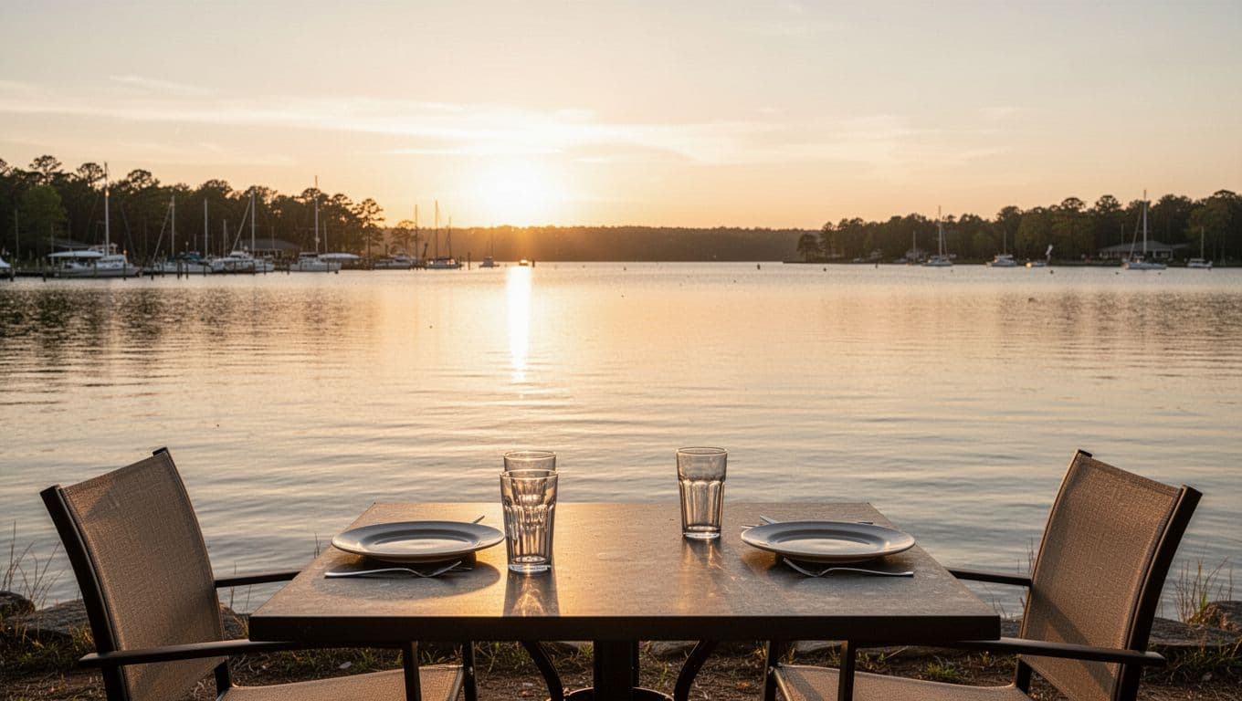 An empty table with plates and glasses overlooks a sunlit Alabama lake.