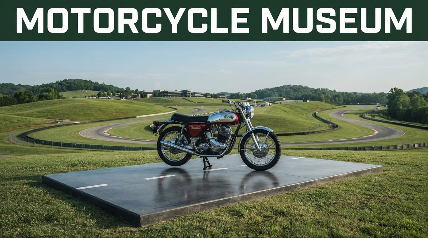 A classic motorcycle sits on a museum platform with green hills and a racetrack curve behind it.