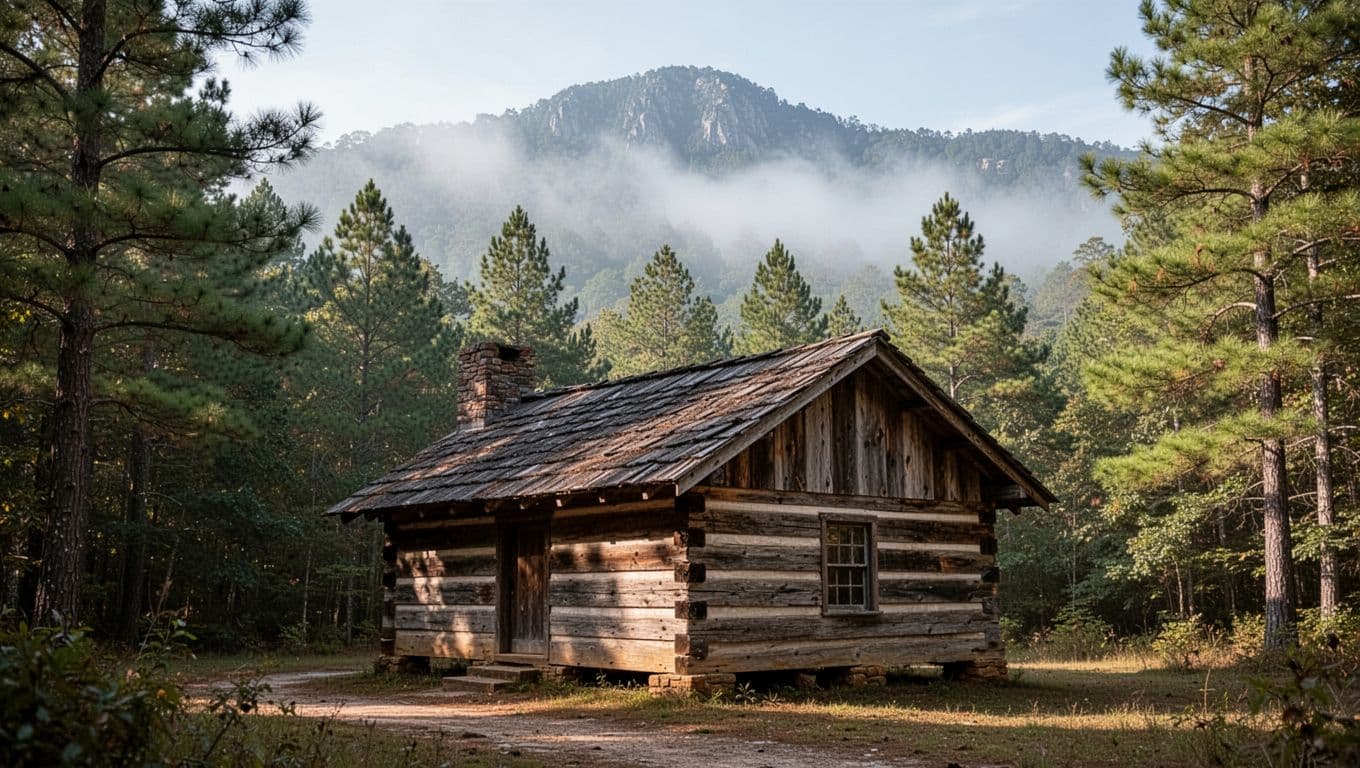 Rustic cabin among evergreen trees with misty mountains and a Park Lodging headline.