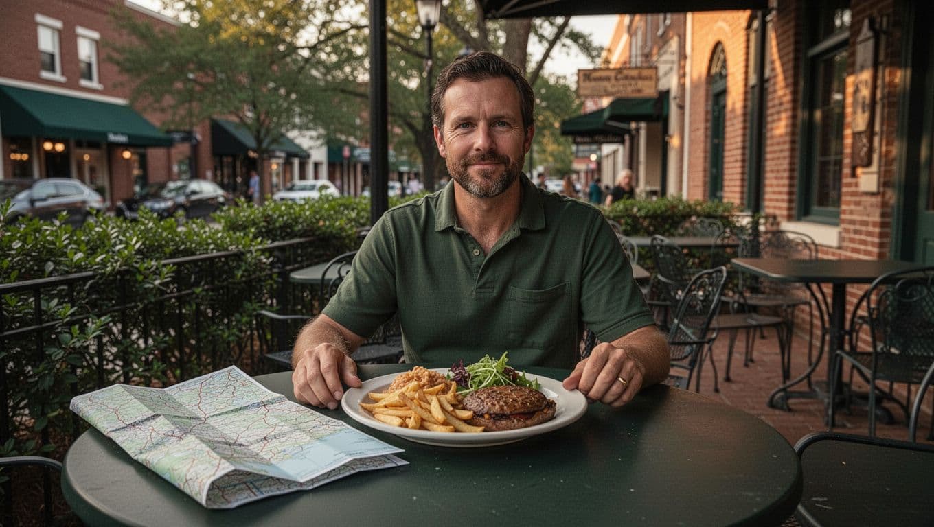 A traveler sits at a patio table with a folded map and casual meal.
