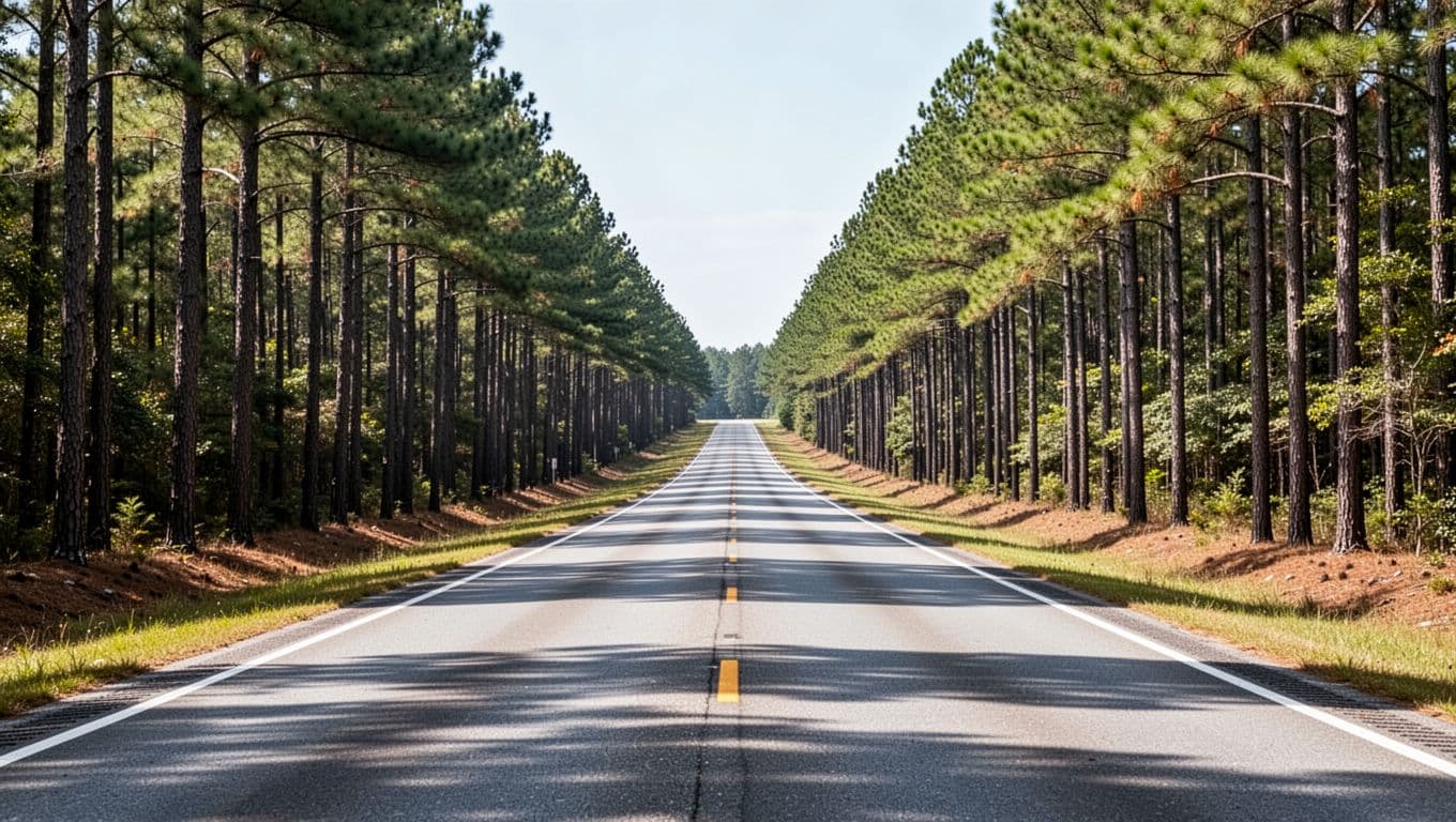 An empty highway runs through Alabama pine trees beneath a Smart Booking banner.