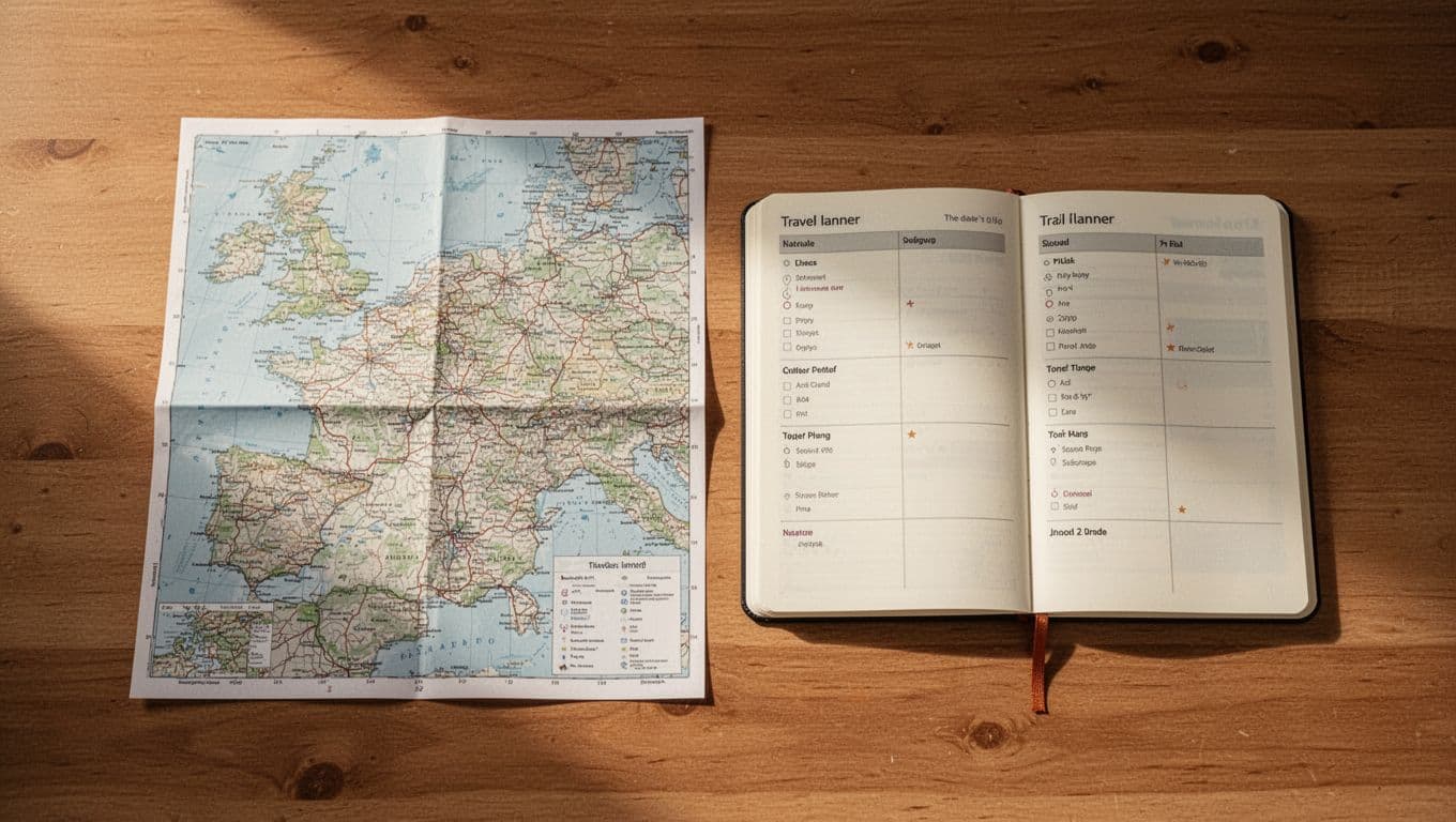 A road map and travel planner arranged on a warm wooden table.